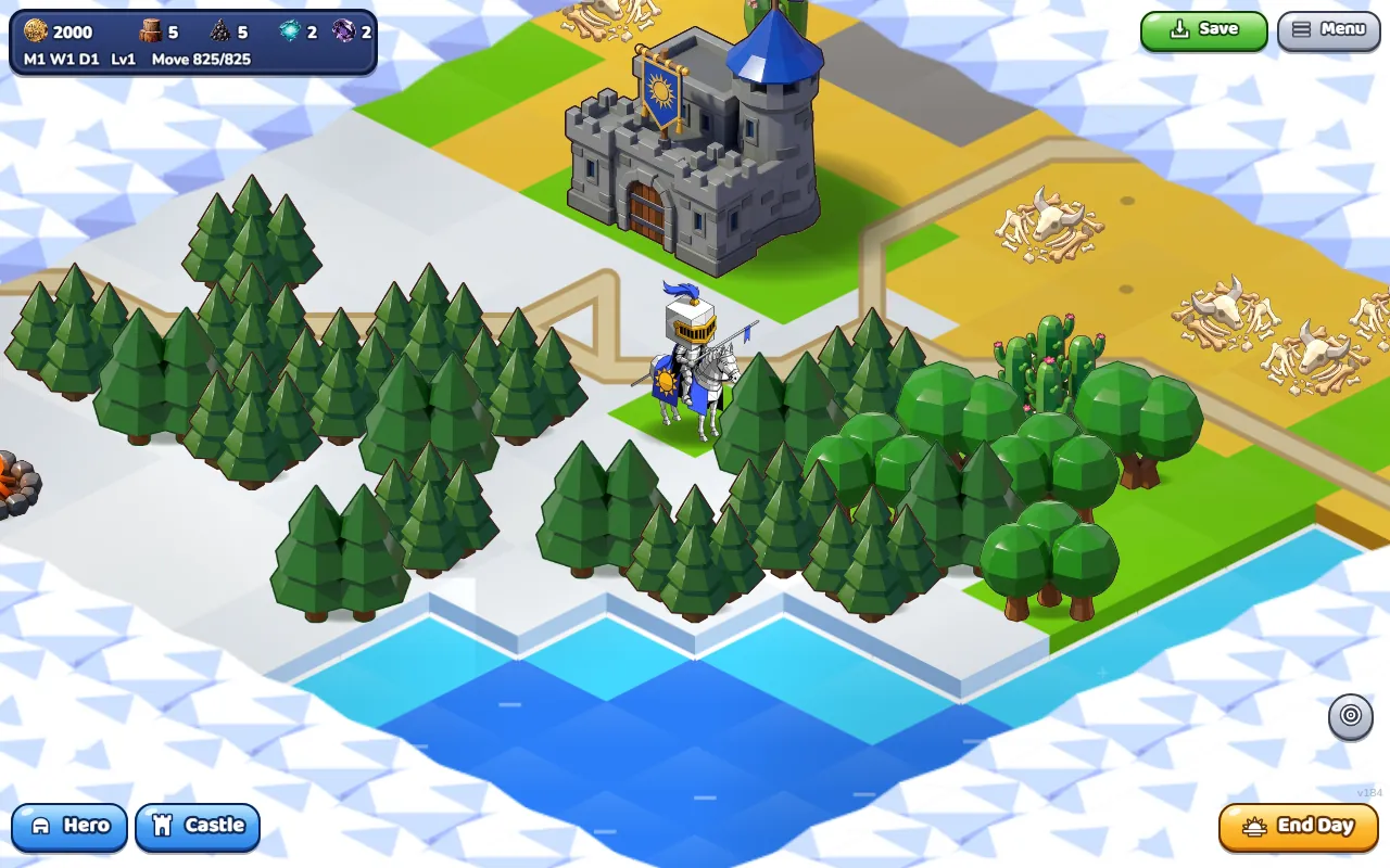 A knight hero next to his castle on the adventure map